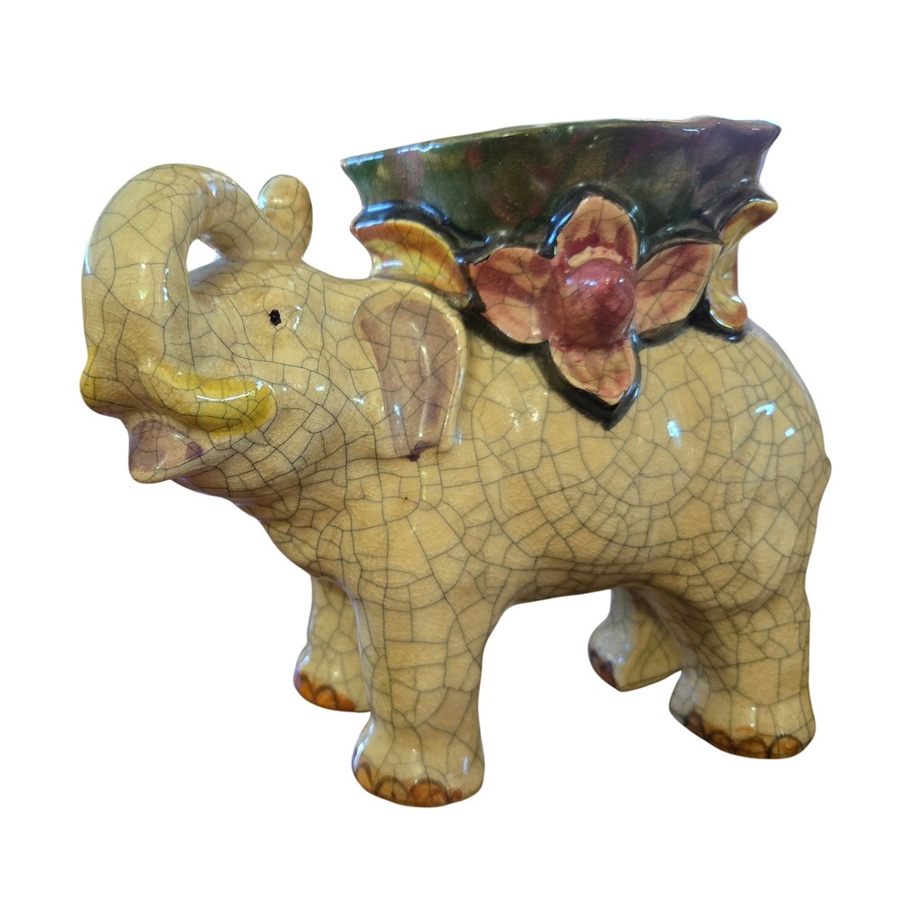 Vintage Kitschy Retro Crackle Glaze Elephant Planter Ceramic Figurine Japanese
